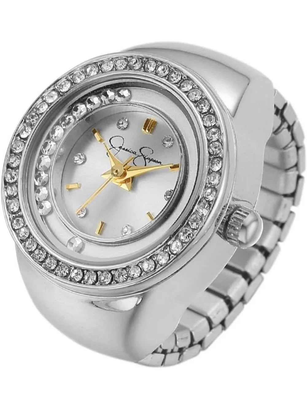 Stylish Adjustable Ring Watch with Crystal Bezel, Quartz Mini Dial & Stretch